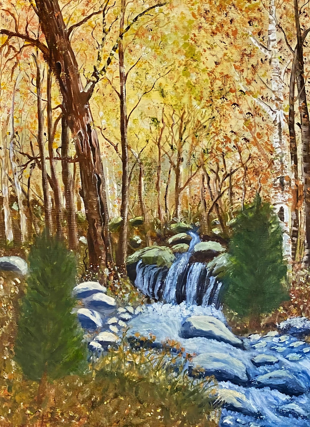 A stream winding through an autumn forest, painting by Kentucky artist Ramona Davidson