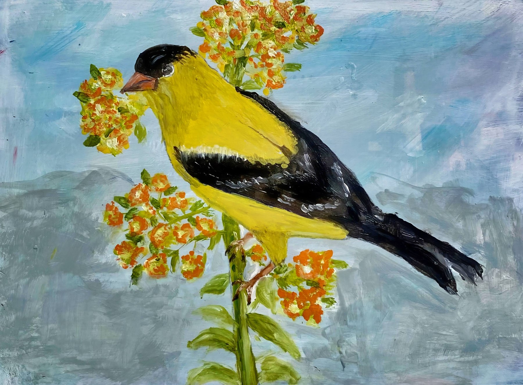 A yellow and black bird perched on a limb, painting by Kentucky artist Ramona Davidson