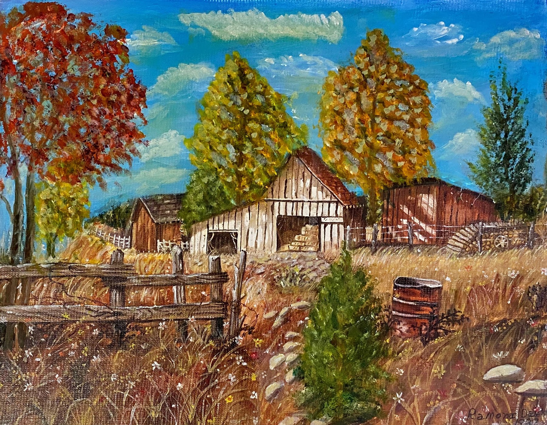 A weathered country barn surrounded by autumn trees, painting by Kentucky artist Ramona Davidson