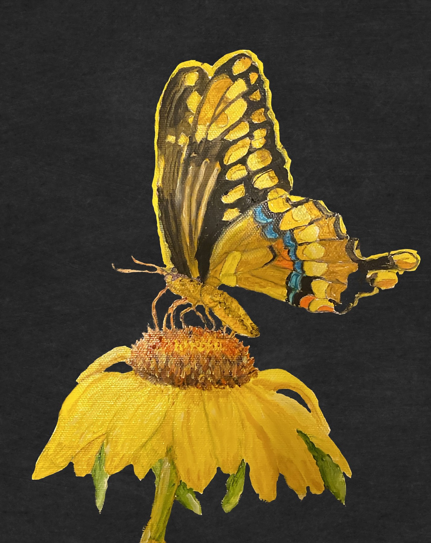 A yellow butterfly beside a sunflower, painting by Kentucky artist Ramona Davidson