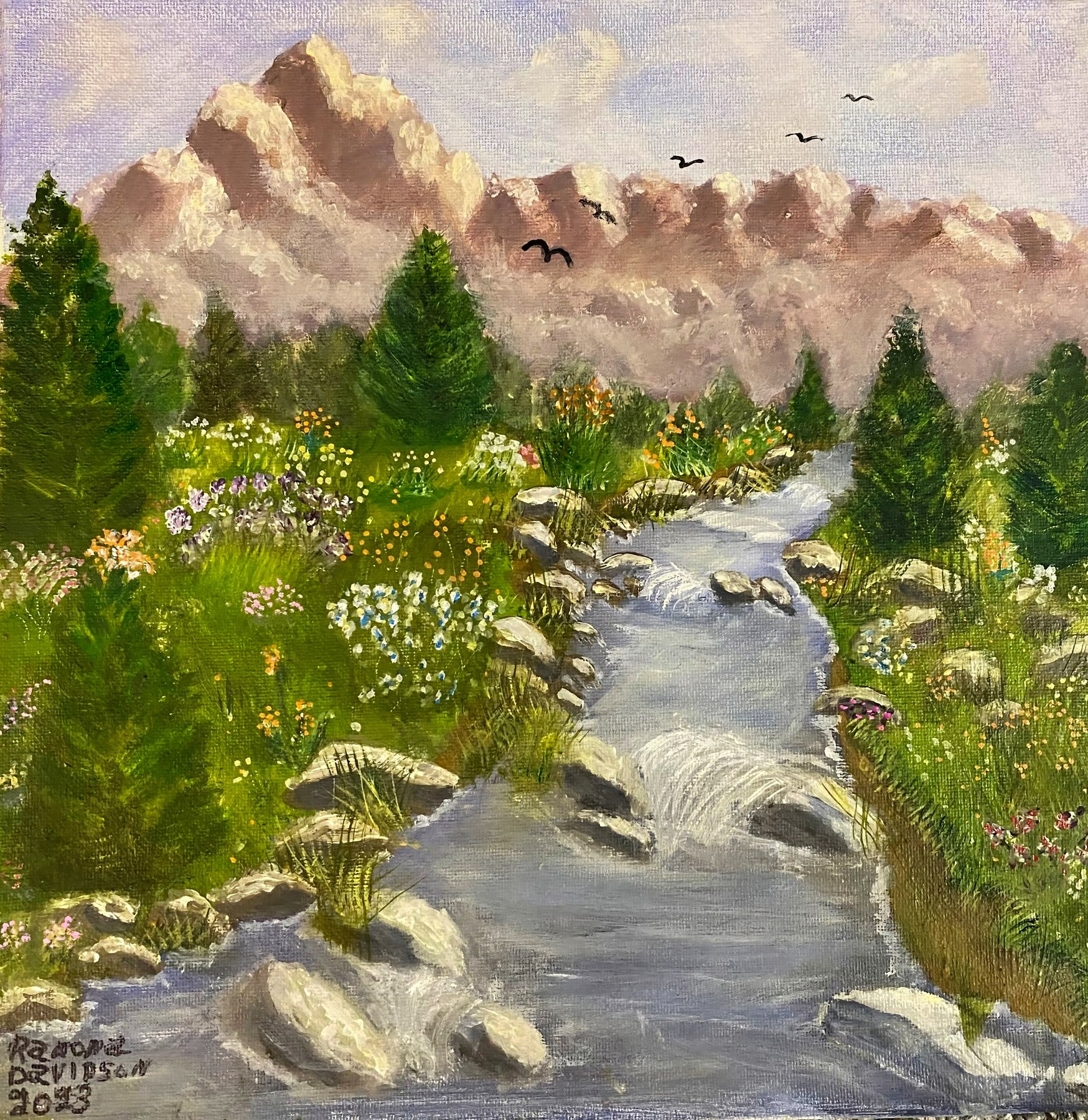 A stream running through a rocky mountain setting, painting by Kentucky artist Ramona Davidson