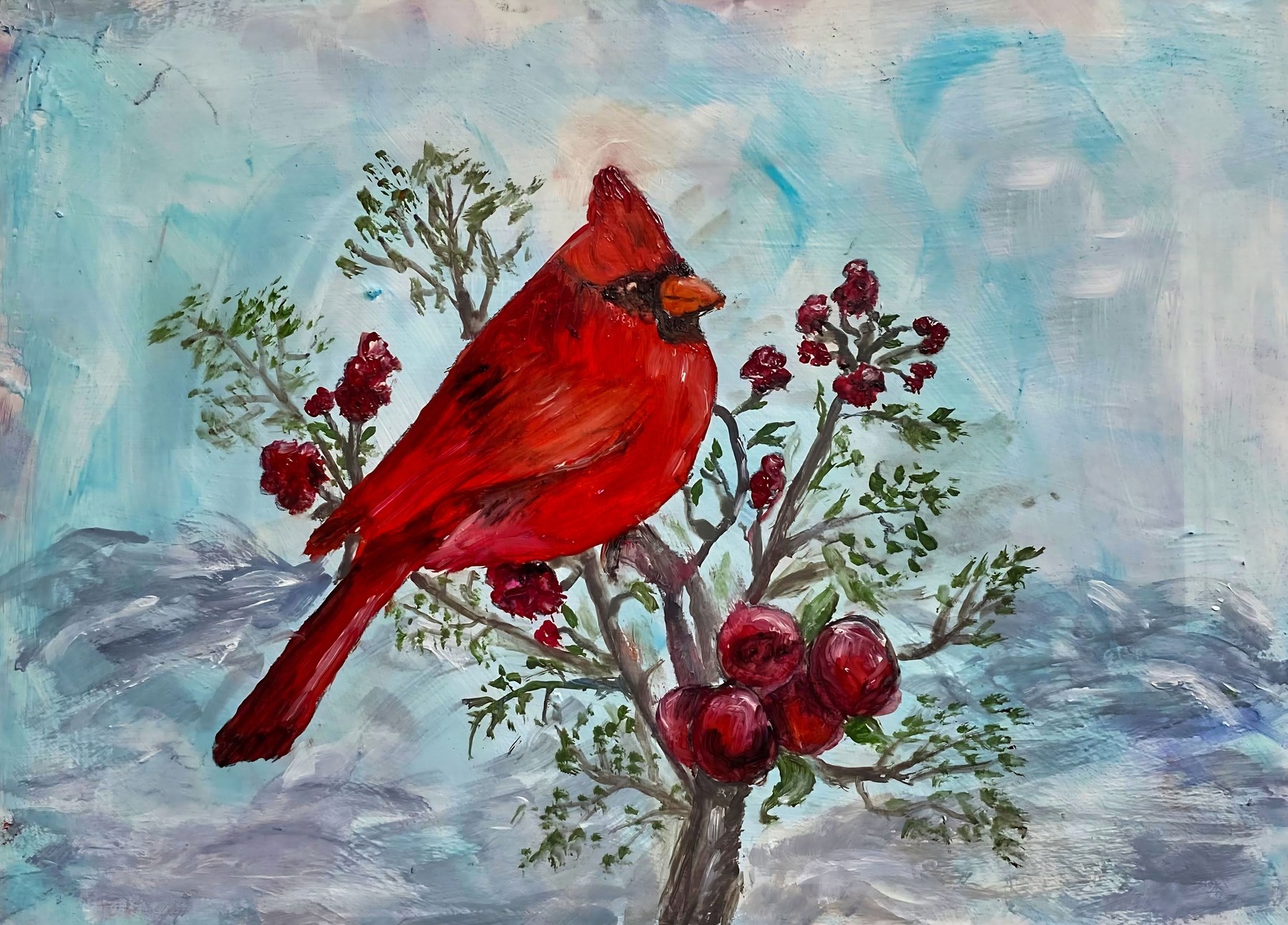 A red cardinal perched on a branch heavy with red berries, painting by Kentucky artist Ramona Davidson