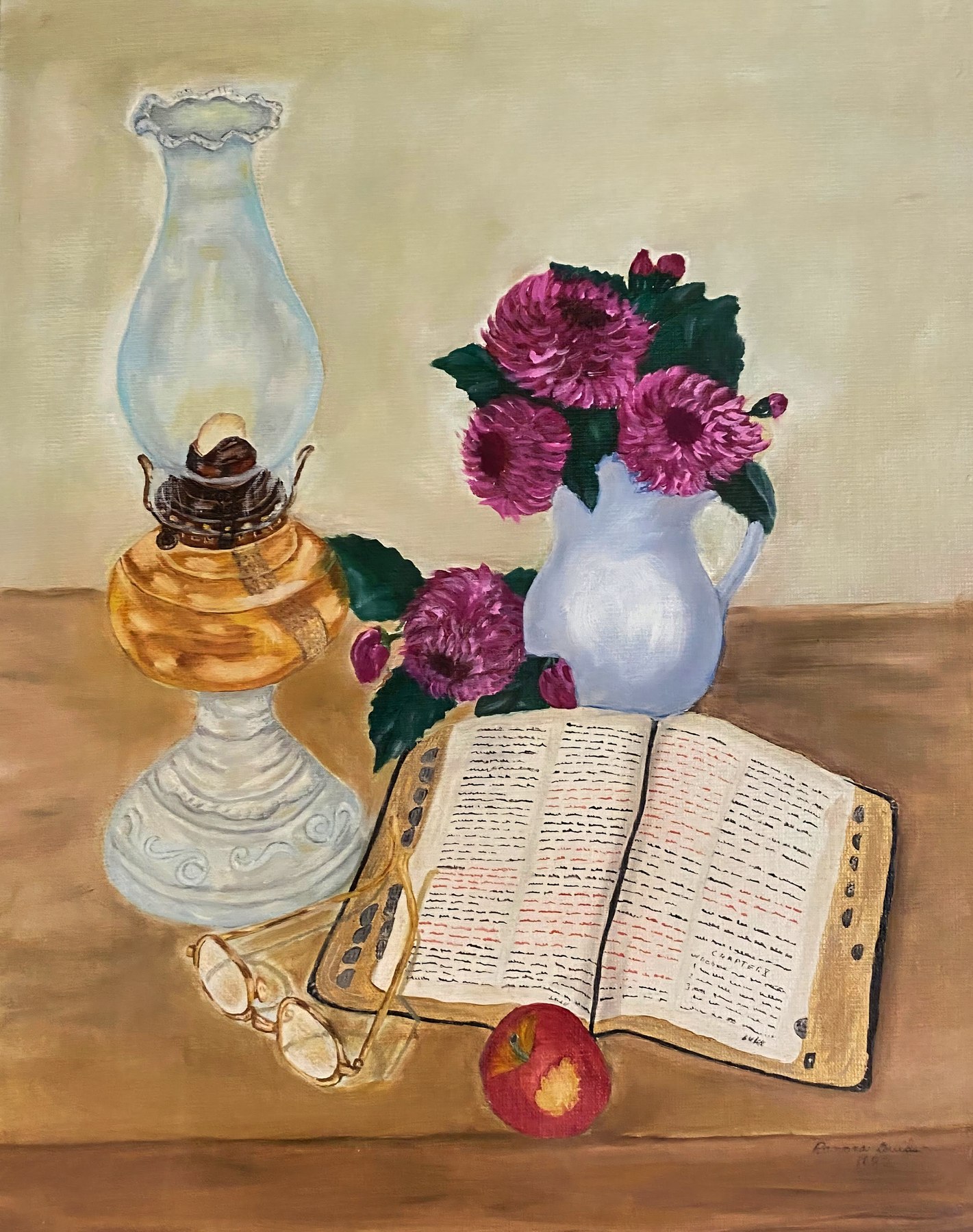 An oil lamp with flowers and an open book, painting by Kentucky artist Ramona Davidson