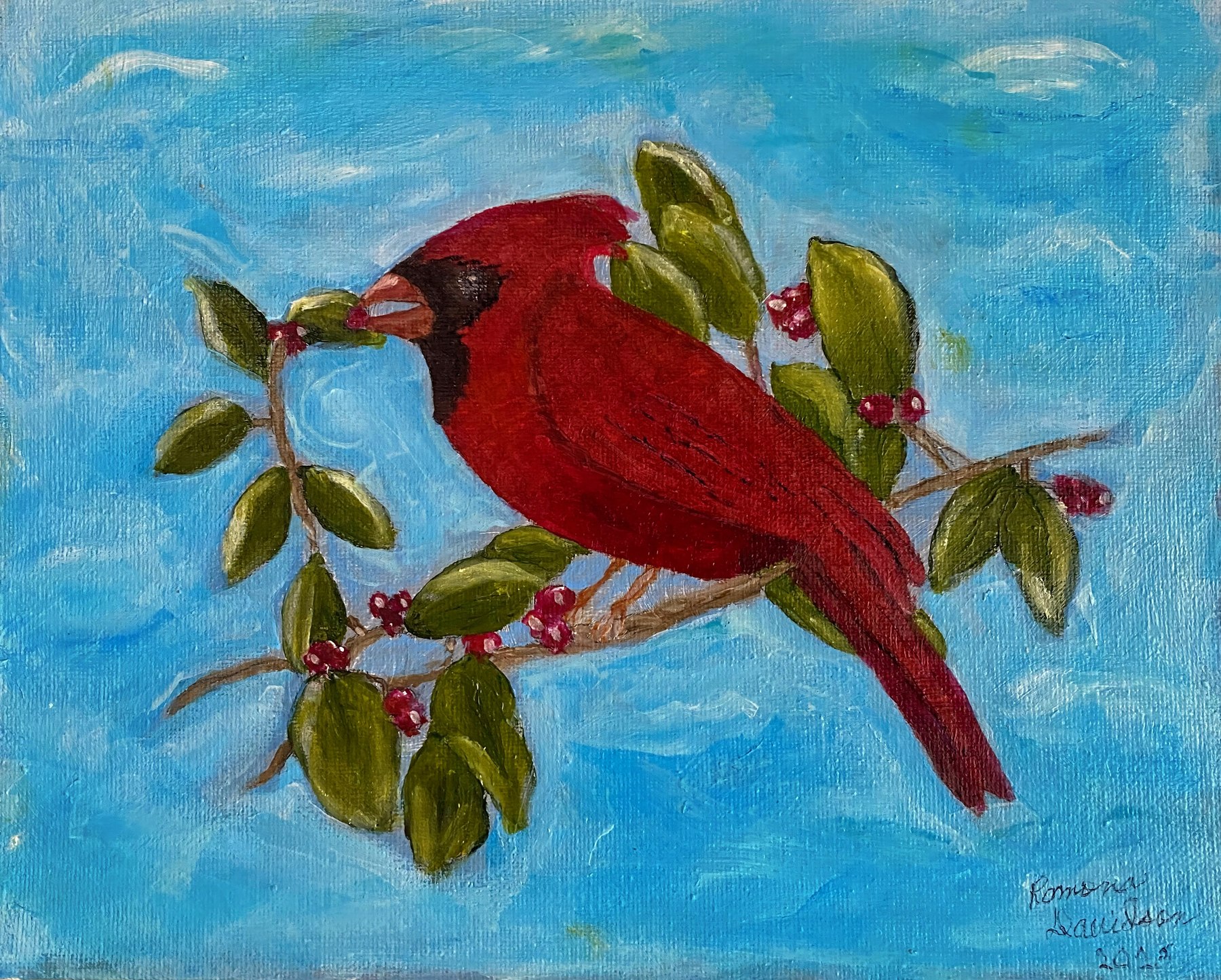 A cardinal beside a cluster of bright red berries, painting by Kentucky artist Ramona Davidson