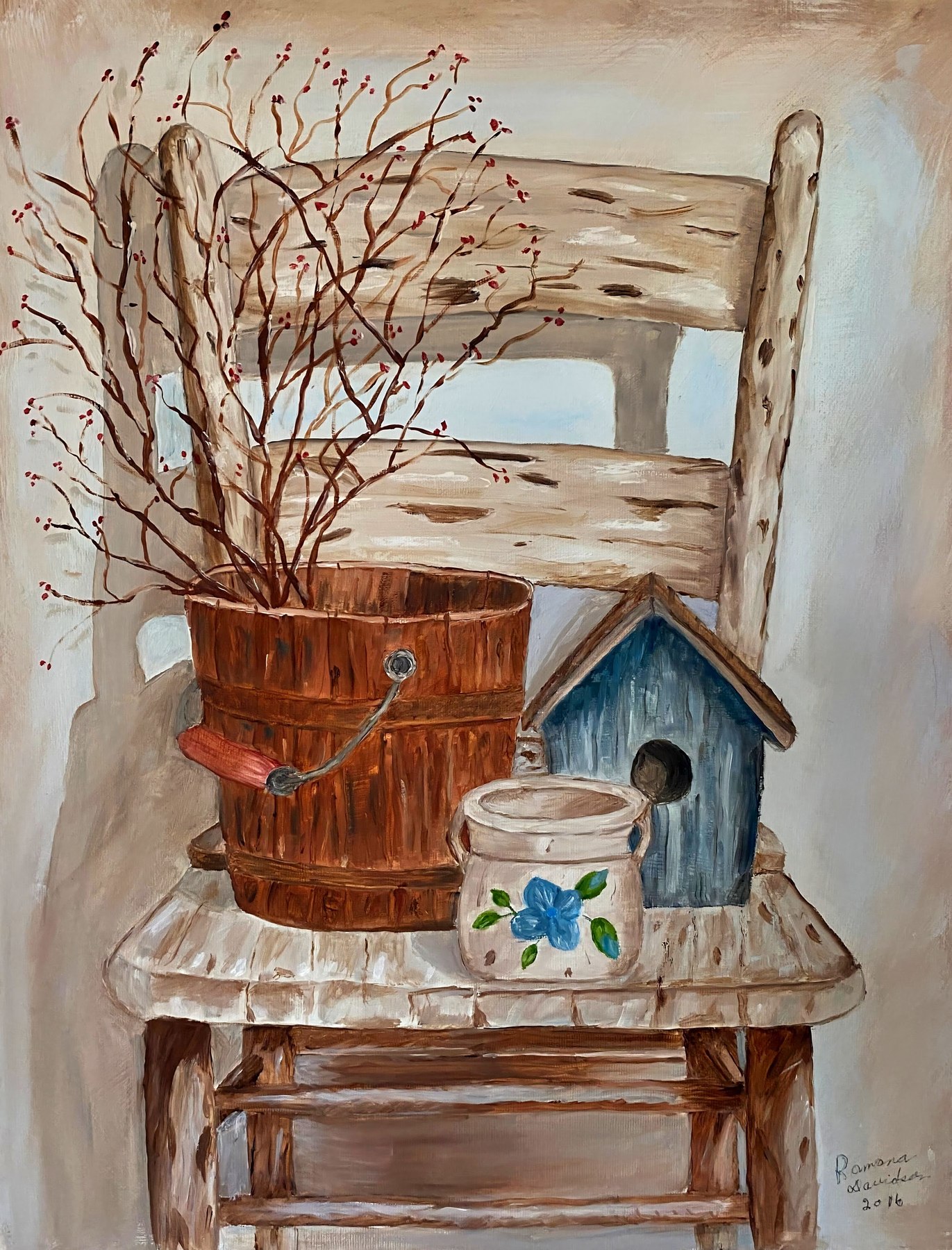A weathered Shaker-style chair with a wooden bucket, red berries, a small blue birdhouse and a ceramic crock, painting by Kentucky artist Ramona Davidson