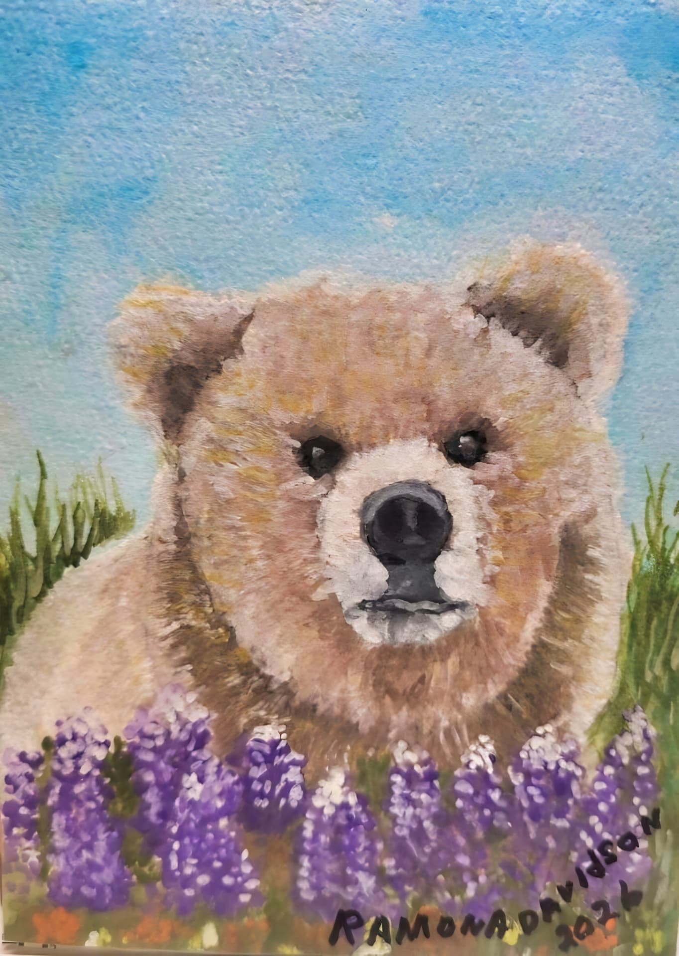 A watercolor bear surrounded by purple flowers, painting by Kentucky artist Ramona Davidson