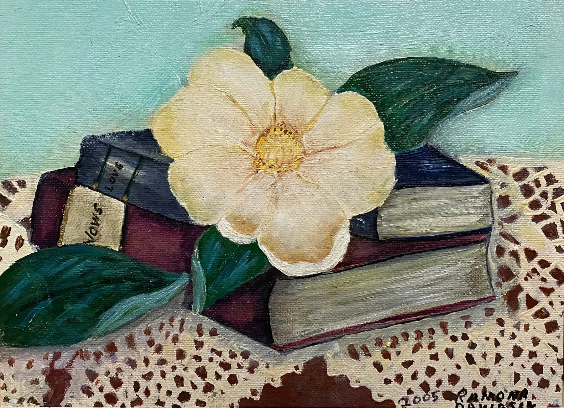 A magnolia blossom resting on stacked books, painting by Kentucky artist Ramona Davidson