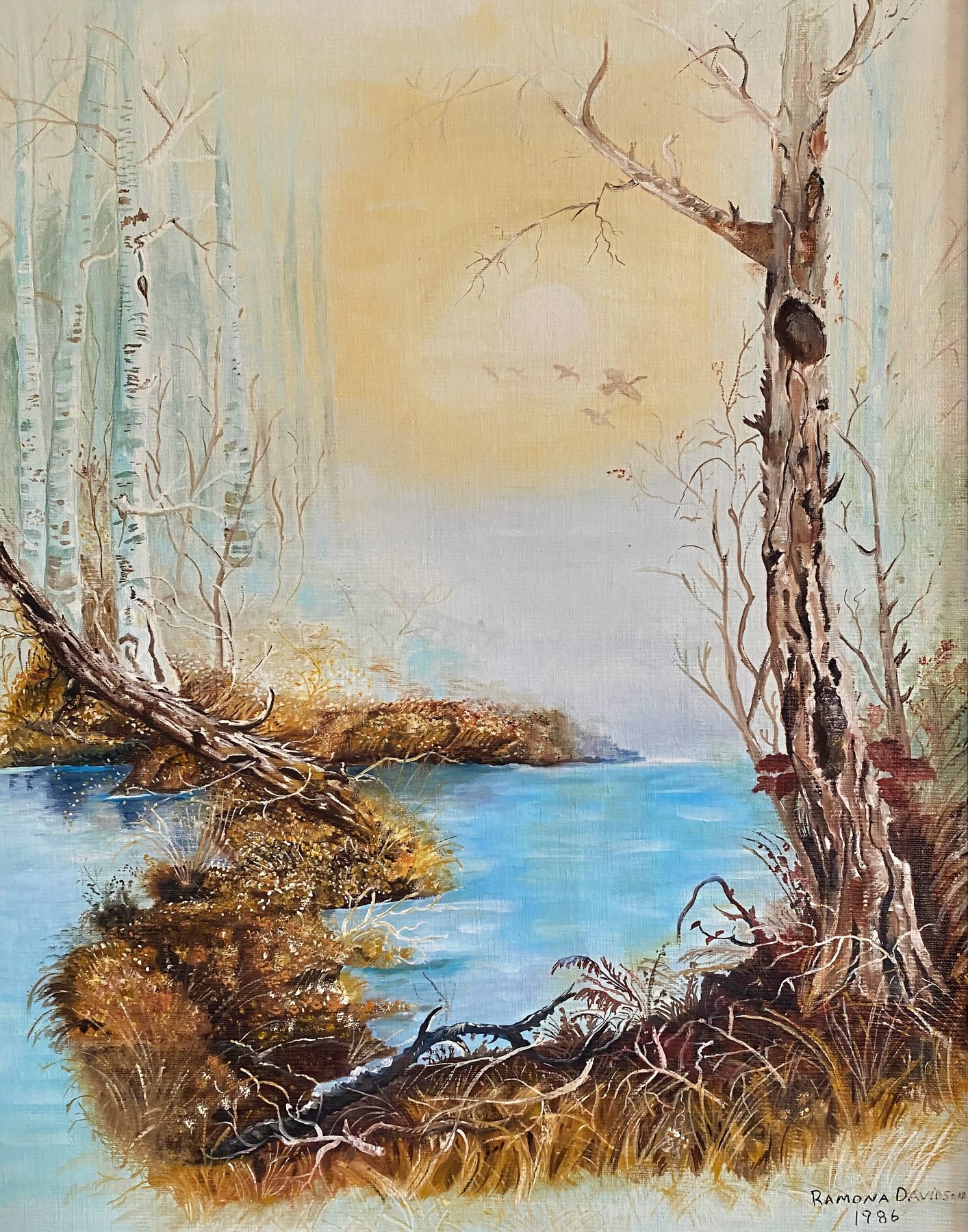 A lake in winter with snow along the banks, painting by Kentucky artist Ramona Davidson