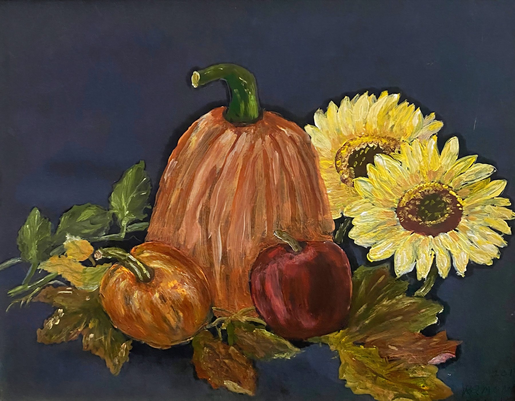A pumpkin and sunflowers in warm light, painting by Kentucky artist Ramona Davidson