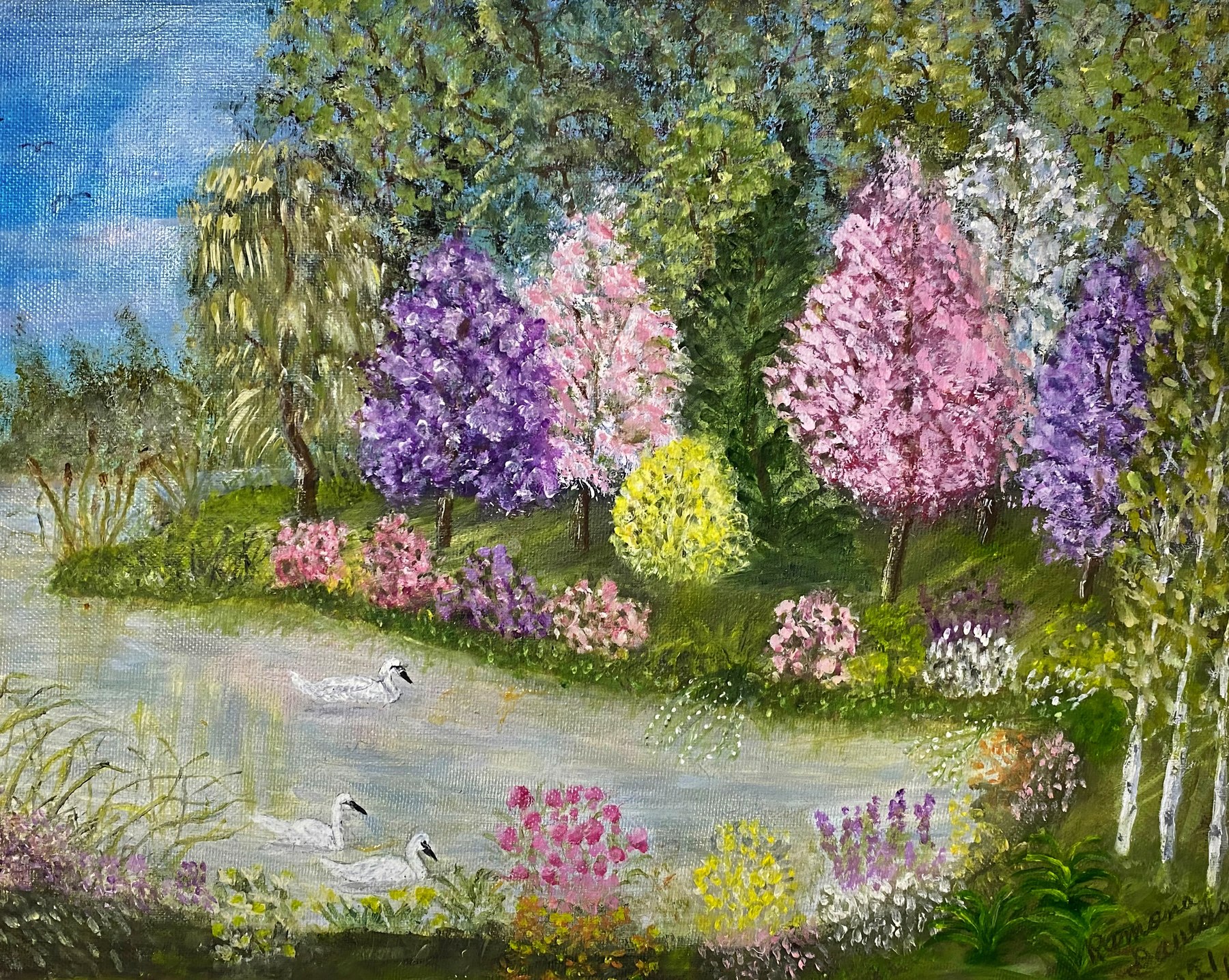 A quiet garden pond edged with flowers, painting by Kentucky artist Ramona Davidson