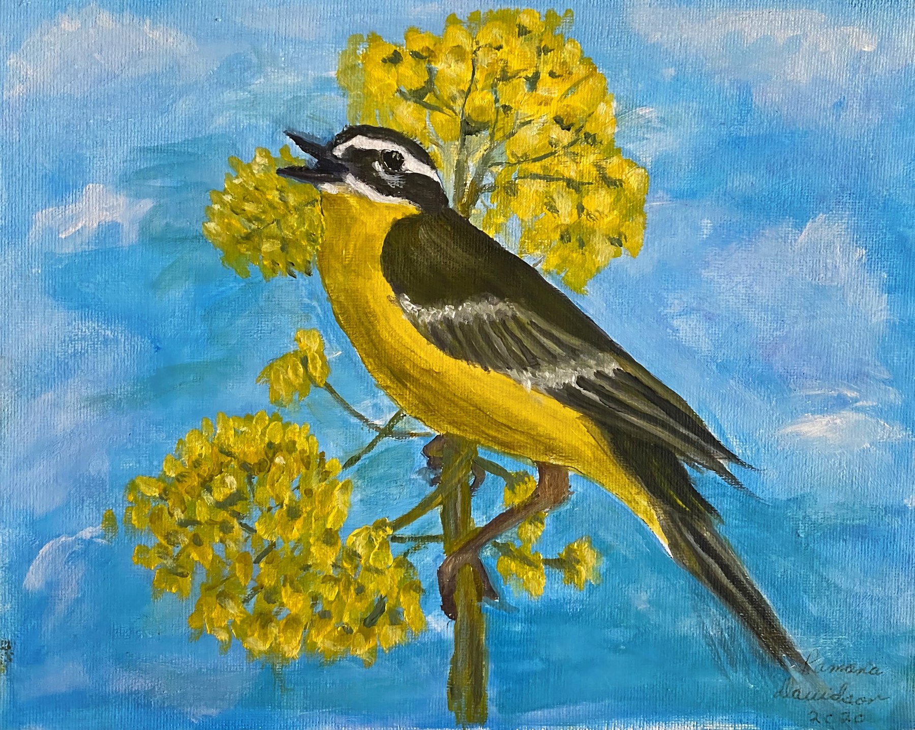 A small yellow songbird on a slender branch, painting by Kentucky artist Ramona Davidson