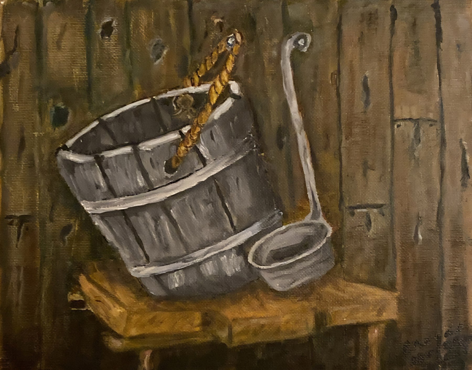 An old weathered bucket in a country still life, painting by Kentucky artist Ramona Davidson