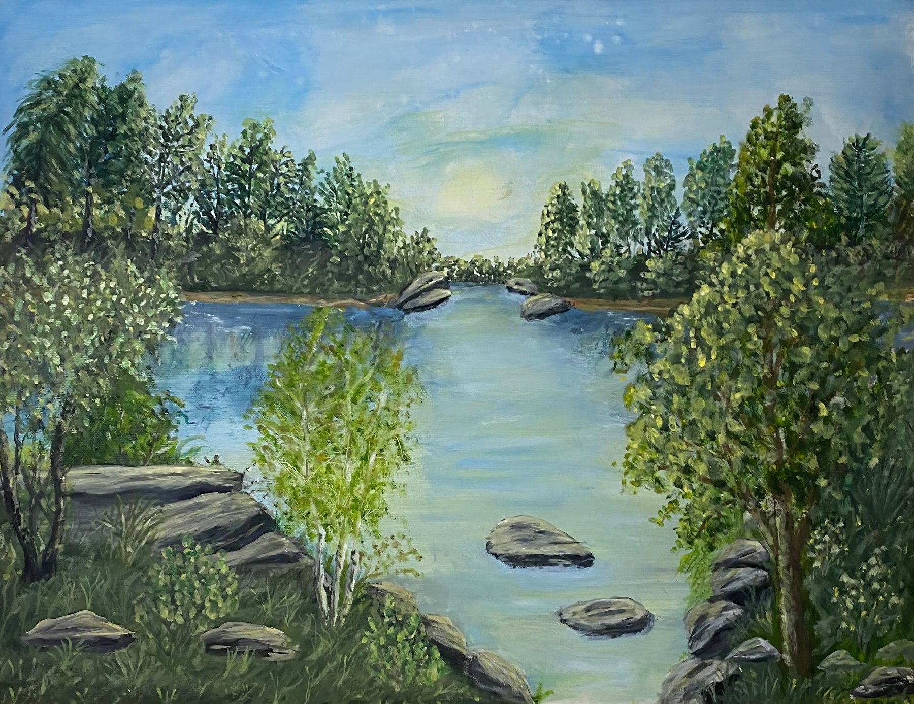 A calm lake framed by trees, painting by Kentucky artist Ramona Davidson
