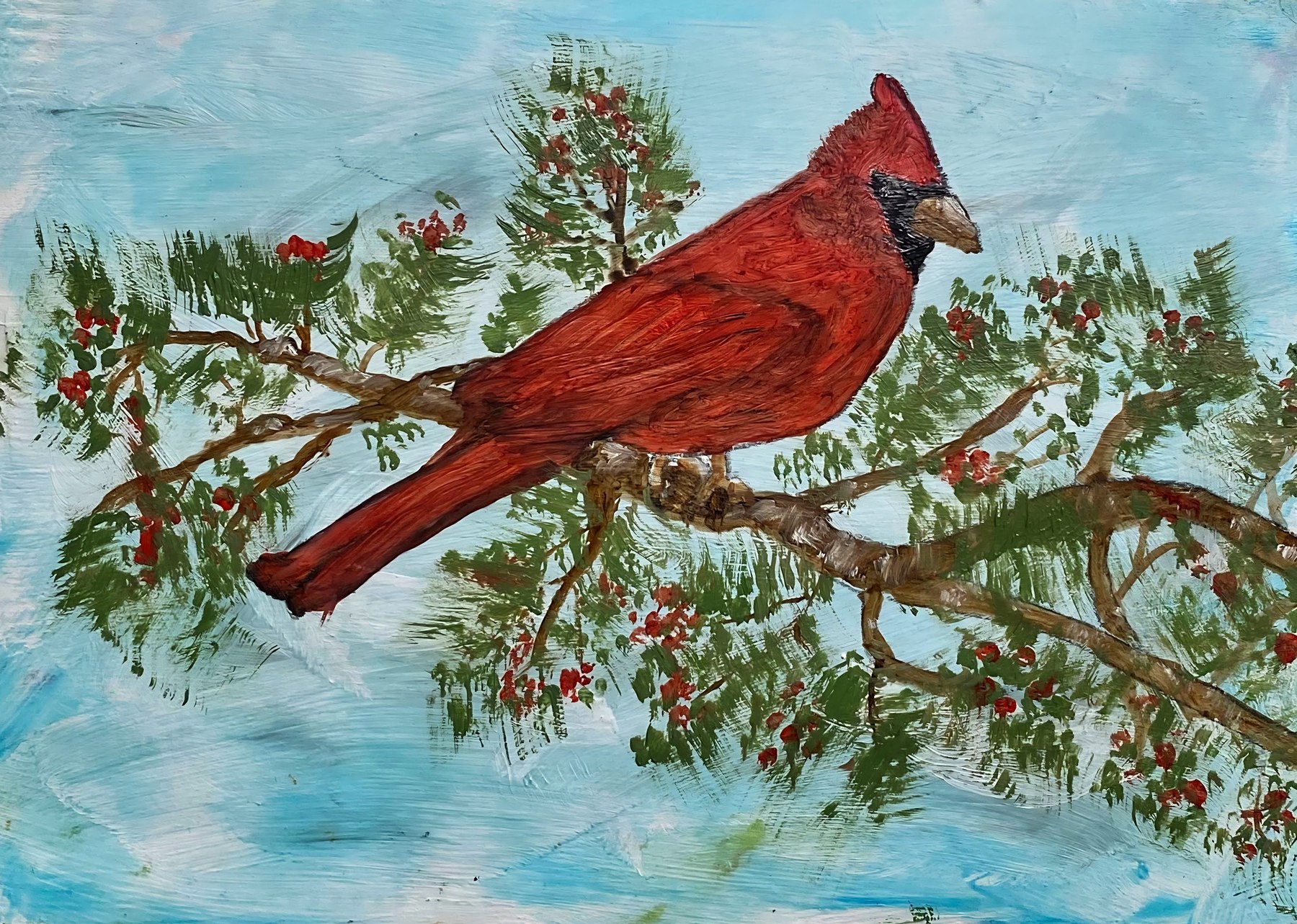 A cardinal in a snowy winter setting, painting by Kentucky artist Ramona Davidson