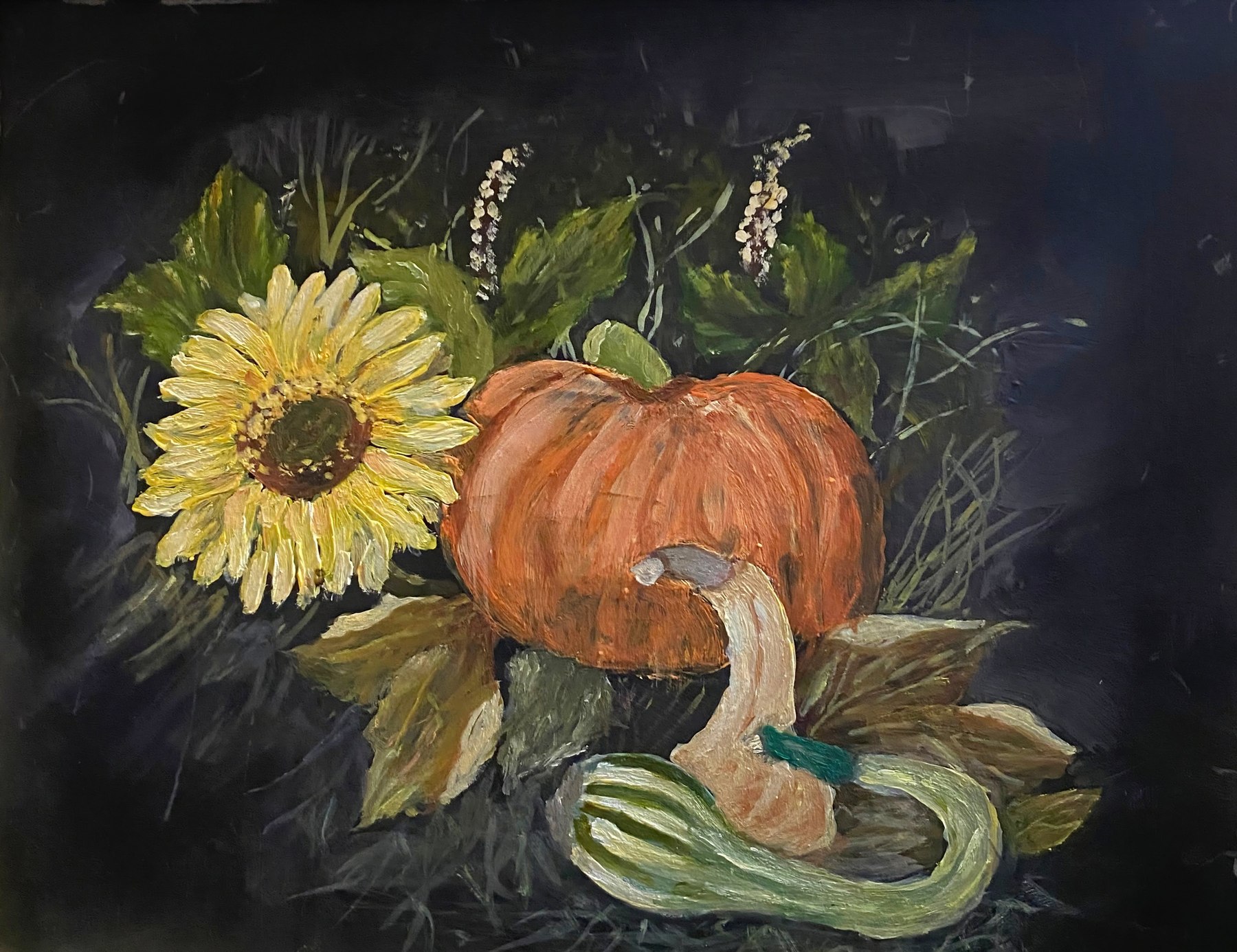 A pumpkin arranged with sunflowers, painting by Kentucky artist Ramona Davidson